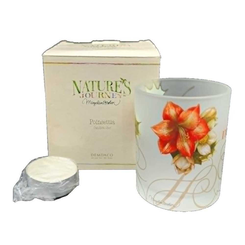Demdaco Nature's Journey Poinsettia White Frosted Glass Noel Candle Holder Boxed